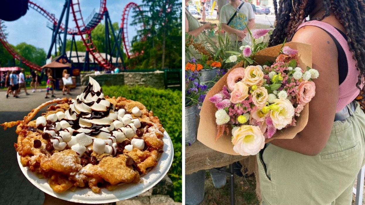A pastry in front of a roller coaster. Right: A person folding a bouquet of pink flowers.