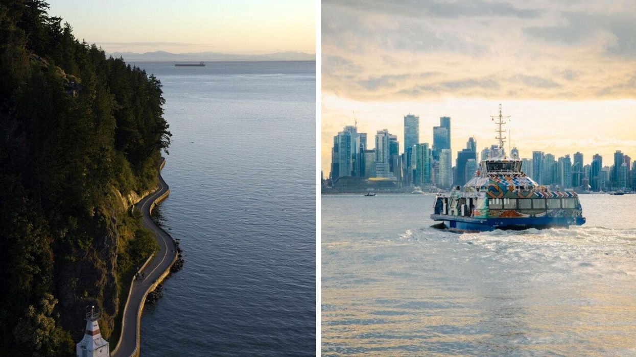 A path along the coastline. Right: A ferry with a city in the backround.