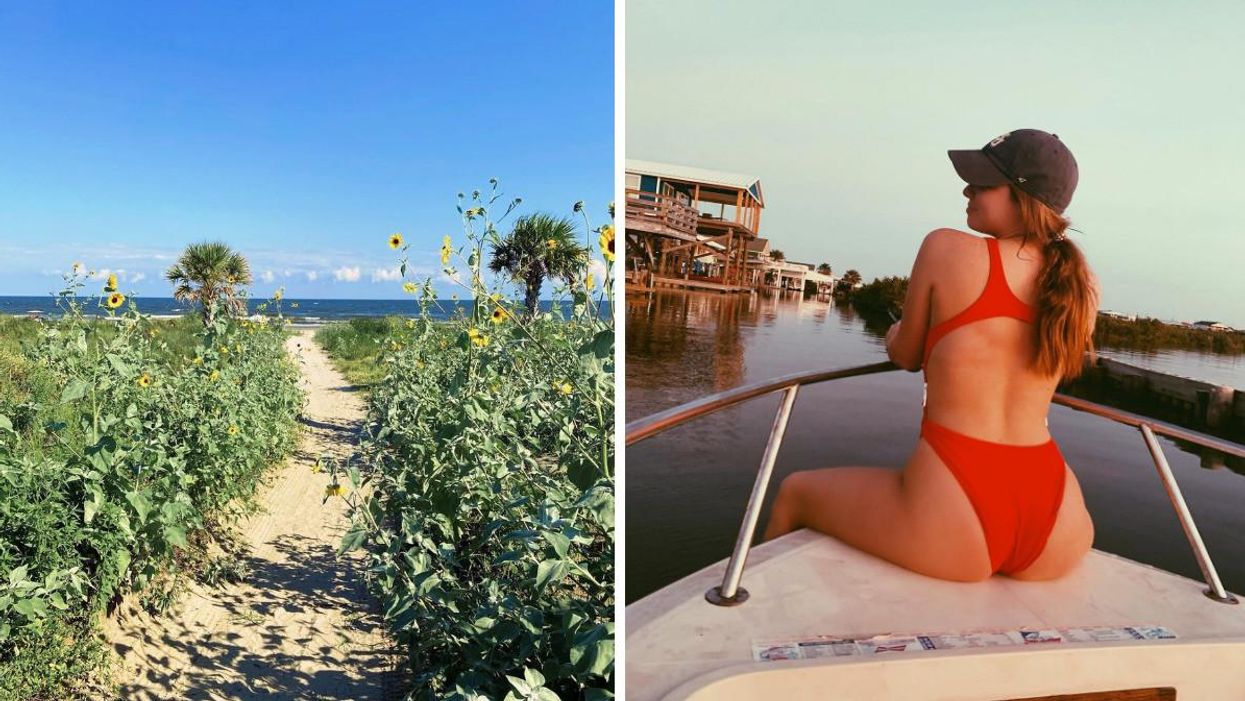 A path of wildflowers leading to the beach in Grand Isle, LA. Right: A woman in a red swim suit on a boat in Grand Isle, LA.