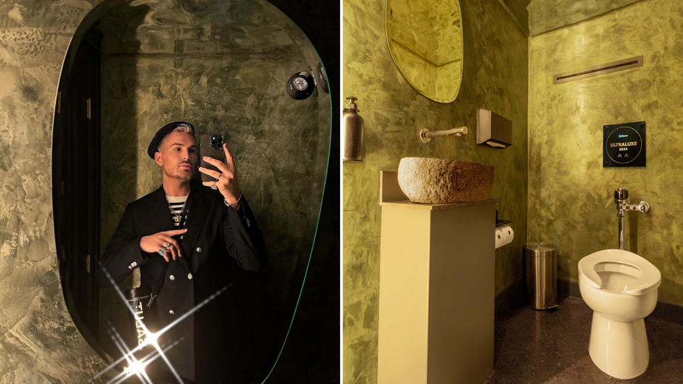A patron takes a selfie at and/ore. Right: The bathroom at and/ore.