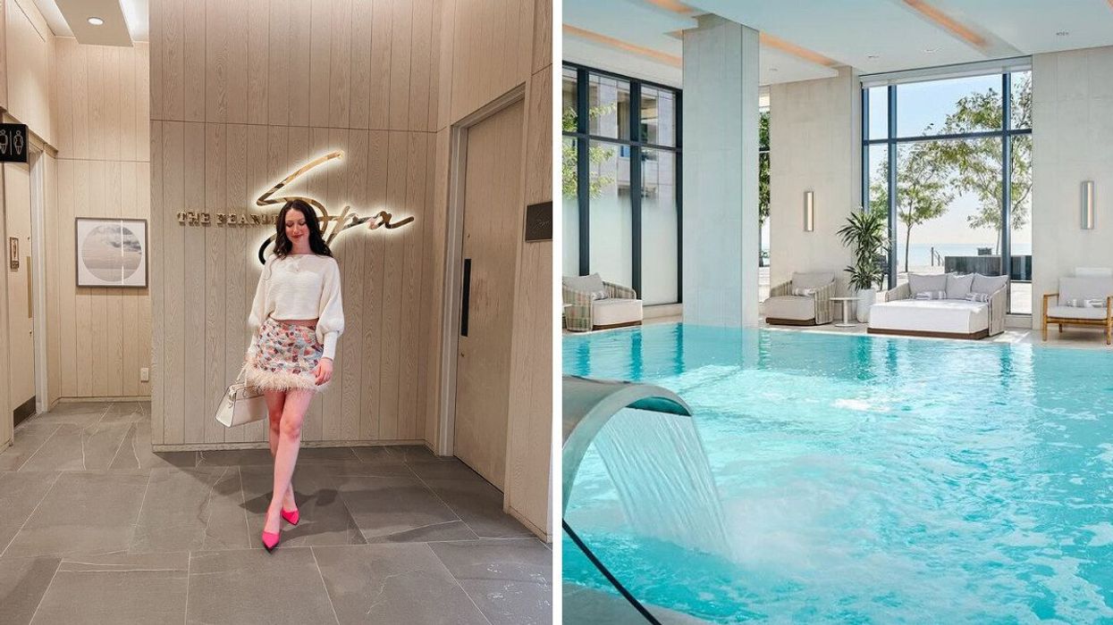 A pearson standing in a hotel. Right: A pool with a waterfall.