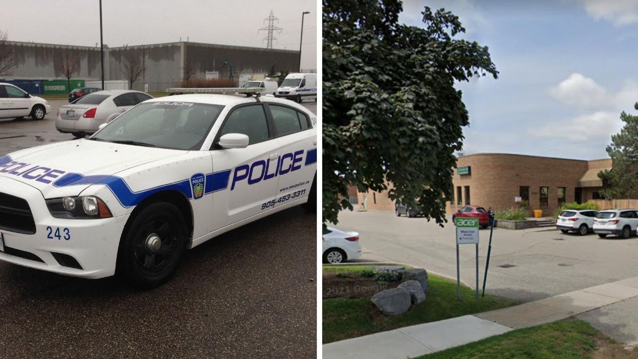 A Peel police car. Right: The Dar Al-Tawheed Islamic Centre in Mississauga.