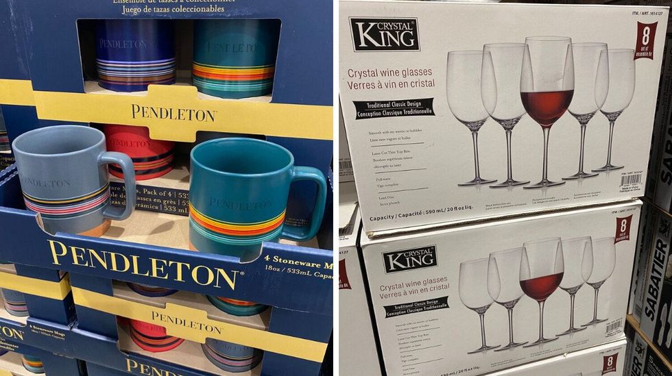 A Pendleton mug set at Costco. Right: Crystal wine glasses at Costco.