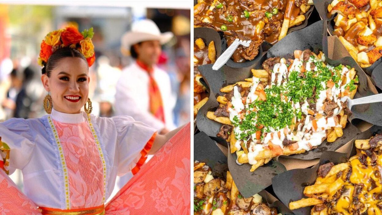 A performer at Cinco de Mayo. Right: Poutine dishes.