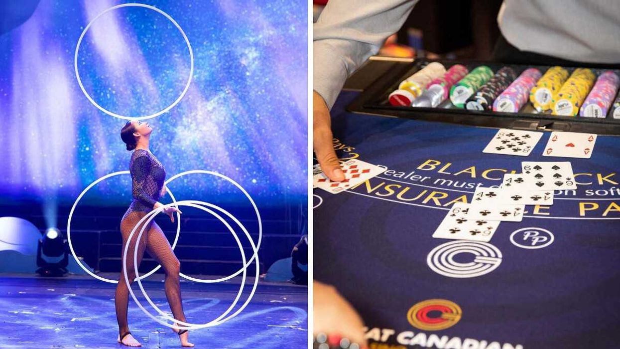 A performer on a blue sparkly stage juggling hoola hoops. Right: A casino dealer deals cards on a blackjack table.