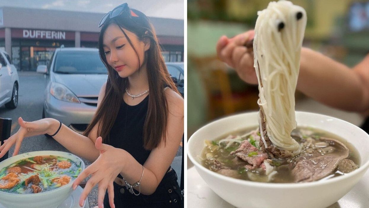 A person admiring their bowl of pho. Right: A bowl of pho.