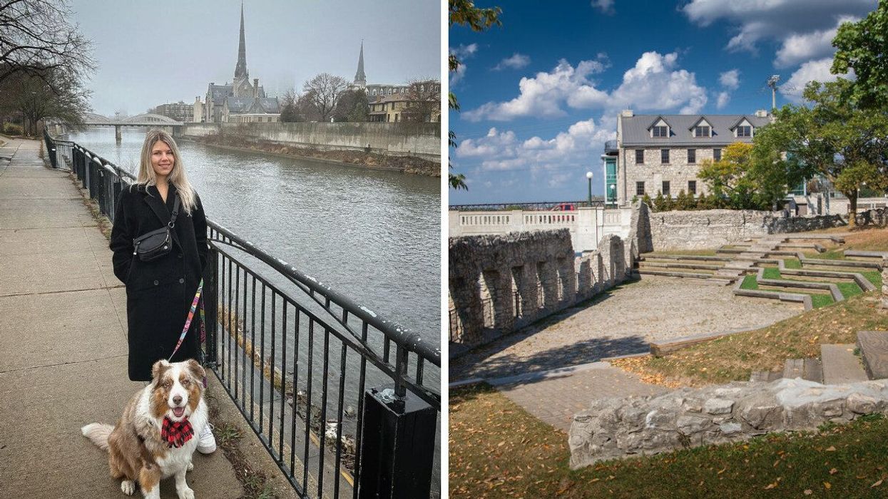 A person and a dog by a river. Right: An old building and wall.