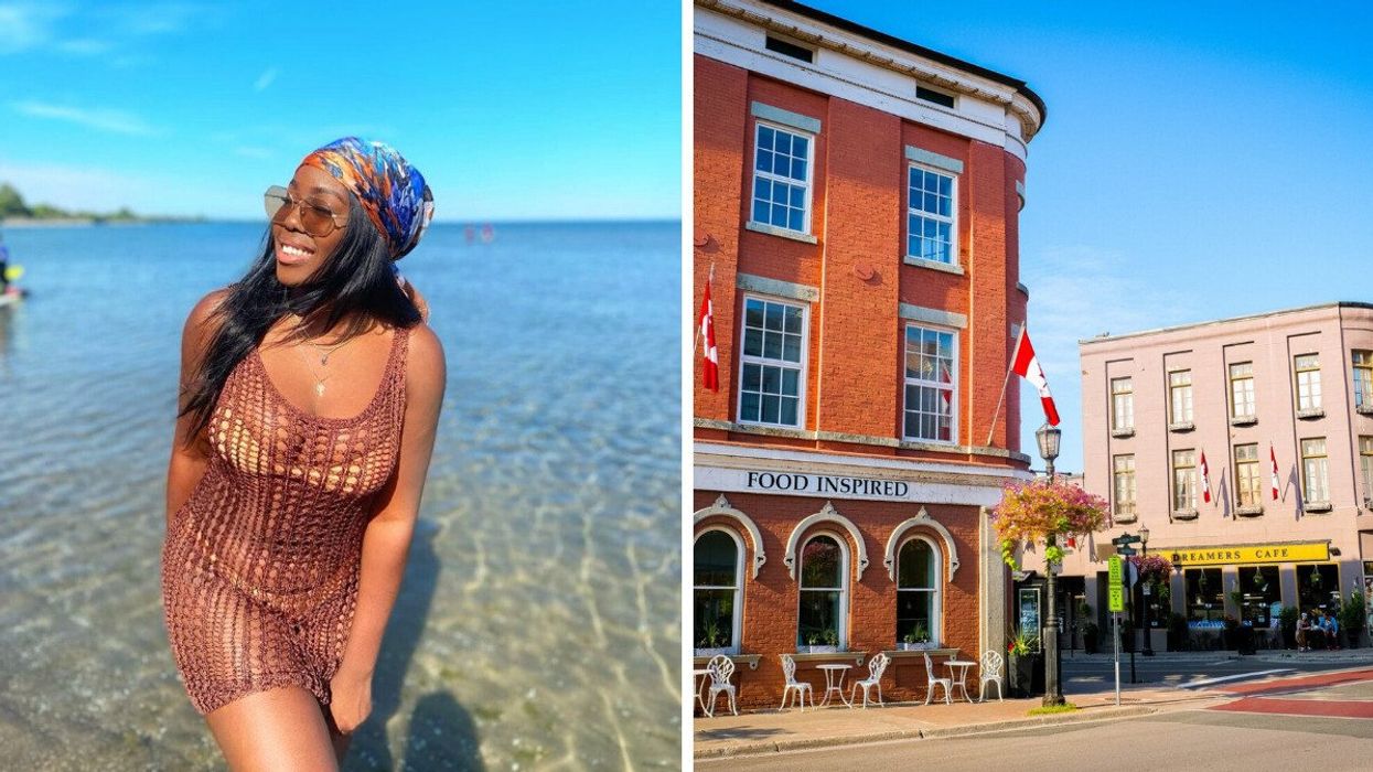 A person at a beach. Right: A historic downtown.