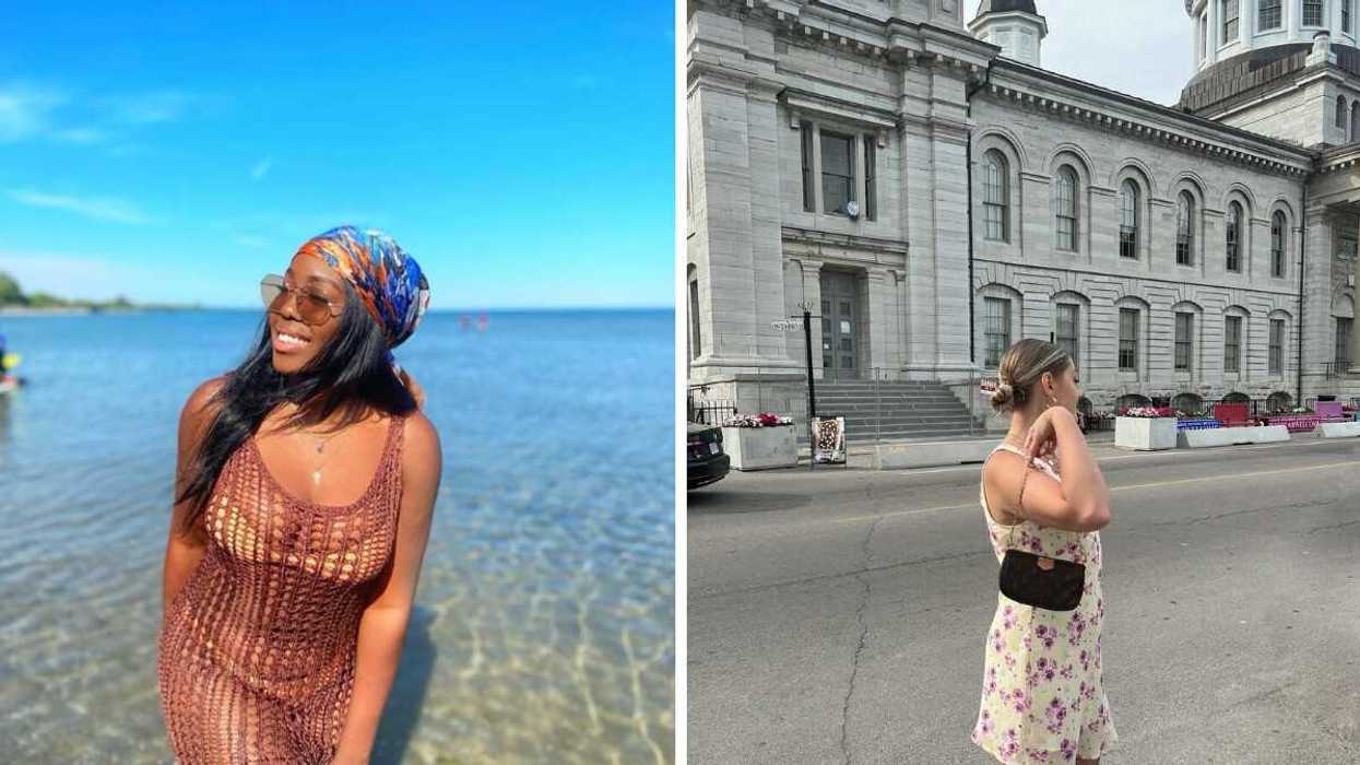 A person at a beach. Right: A person standing on a historic street.