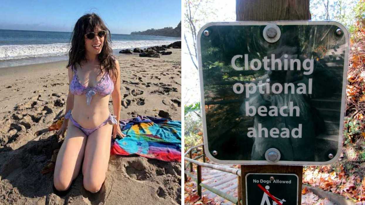 A person at a beach. Right: A sugn at a nude beach