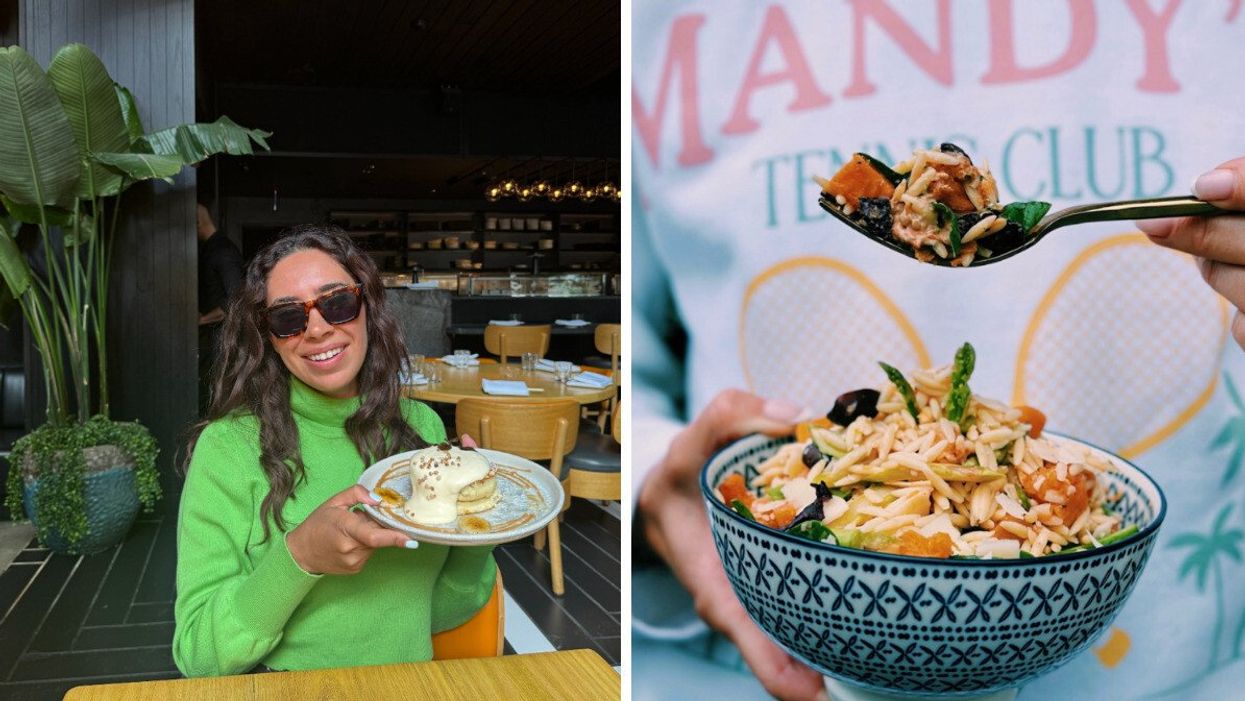 A person at a brunch in Toronto while holding fluffy pancakes. Right: A salad bowl and a spoonful of it.