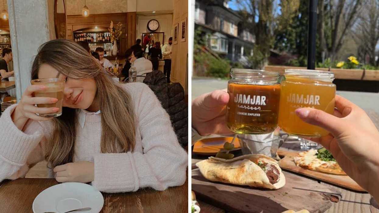 A person at a cafe in Vancouver. Right: A resturant in Vancouver.