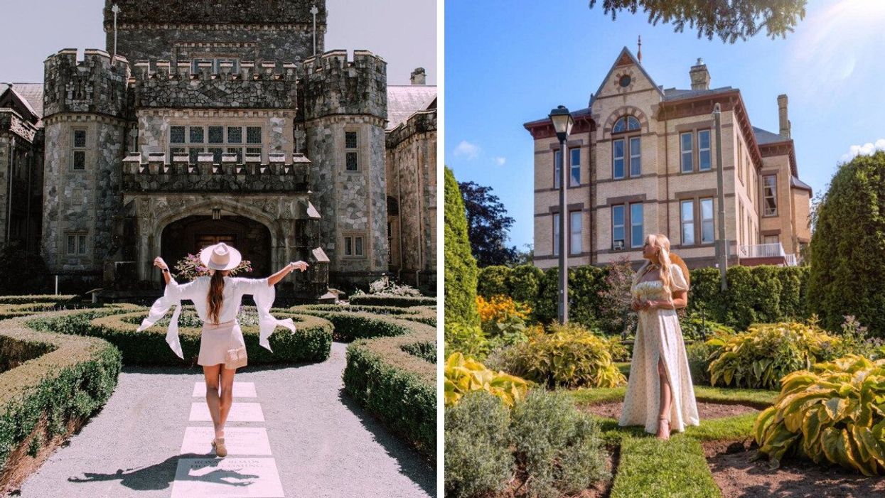 A person at a castle in B.C. Right: A person in a garden in Ontario.