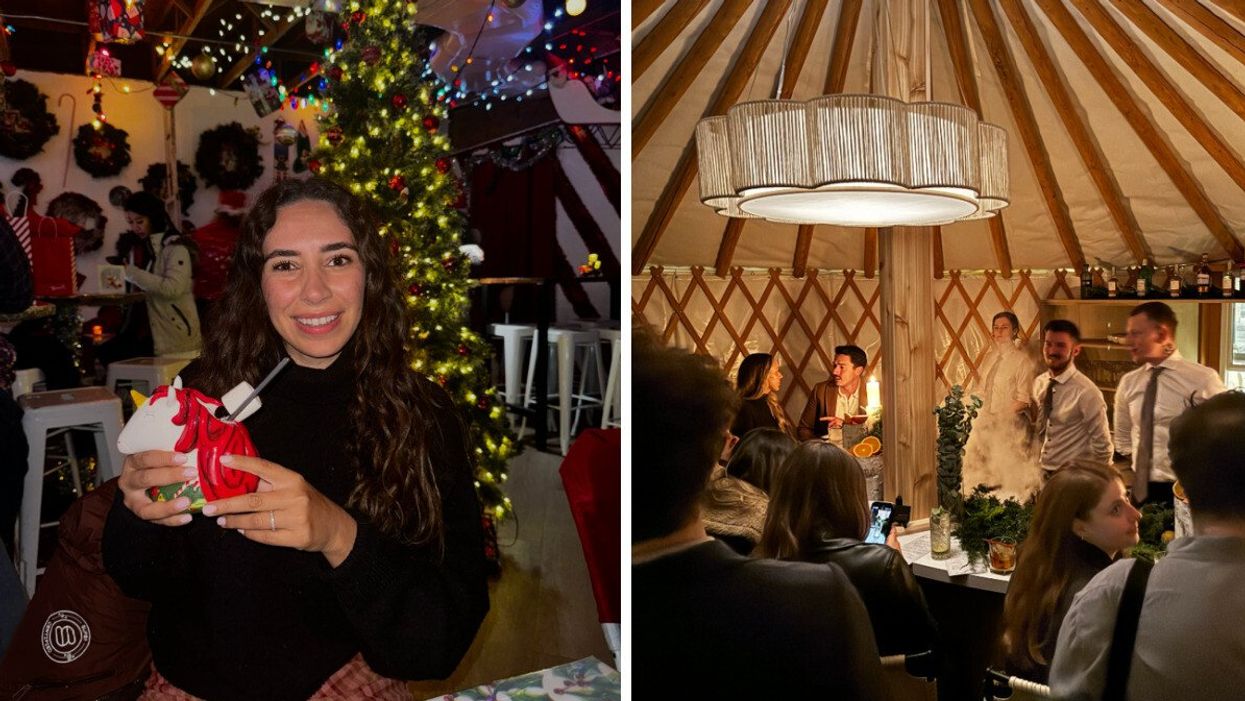 A person at a Christmas bar with a unicorn cup and Christmas tree behind her. Right: A Nordic yurt bar in Toronto.