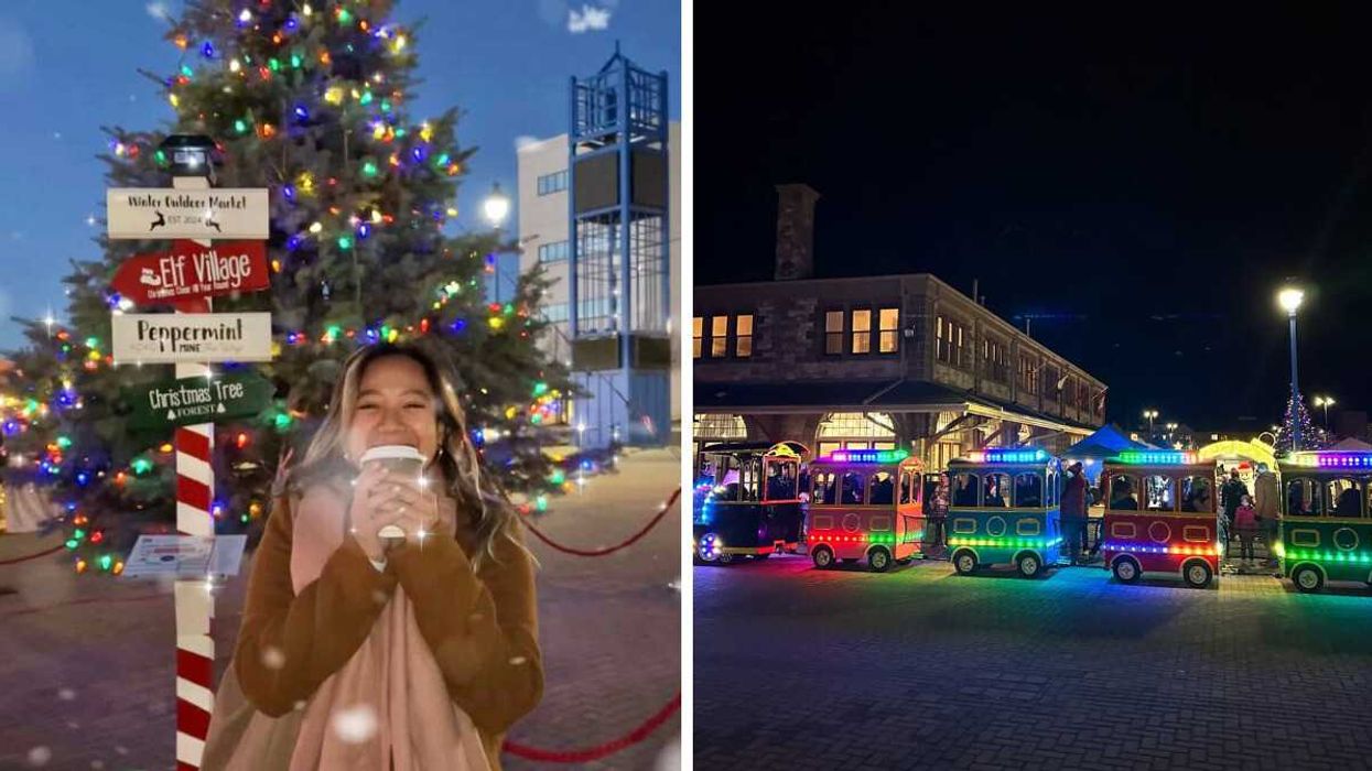 A person at a Christmas festival. Right: A holiday train ride.