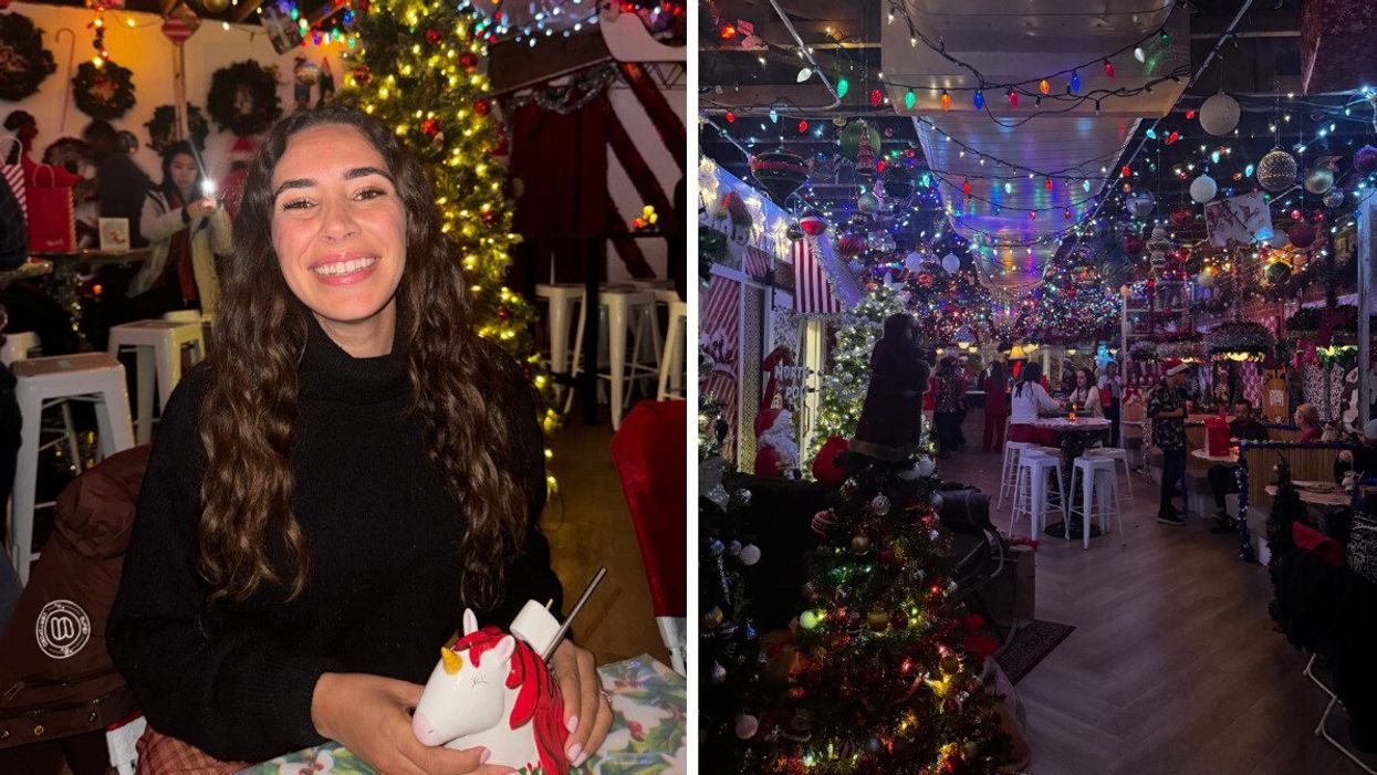 A person at a Christmas pop-up bar with a unicorn mug in her hand. Right: Christmas decorations at a pop-up bar in Toronto.