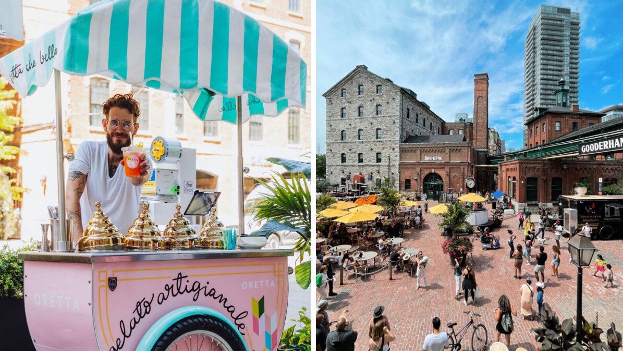 A person at a gelato cart. Right: A historic neighbourhood.