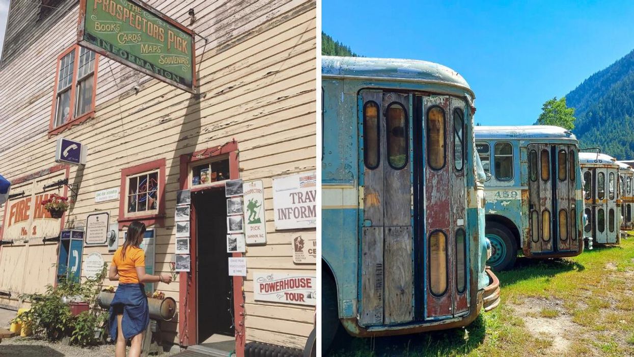 A person at a historic building. Right: Abandoned buses.