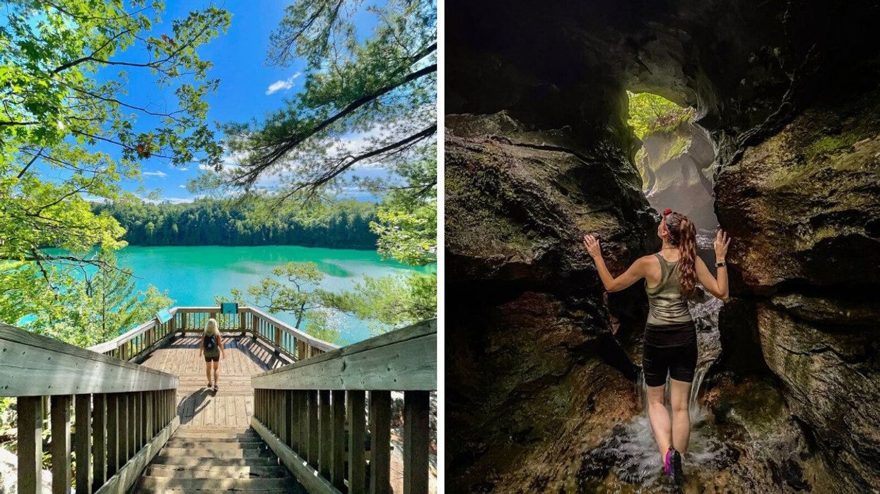 A person at a lake near Ottawa. Right: A person in a cave near Ottawa.