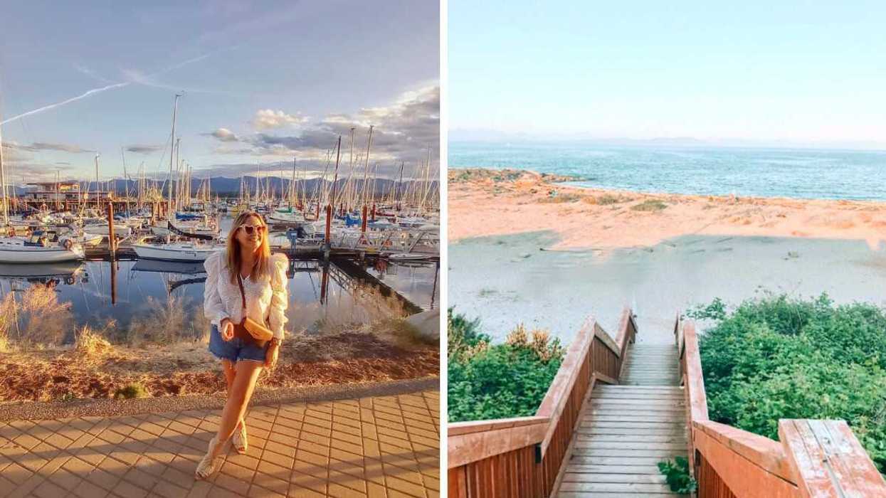 A person at a Marina. RIght: A beach.