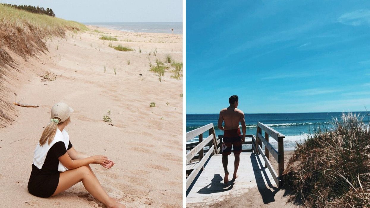 A person at a P.E.I beach. Right: Person at Martinique Beach, Nova Scotia.