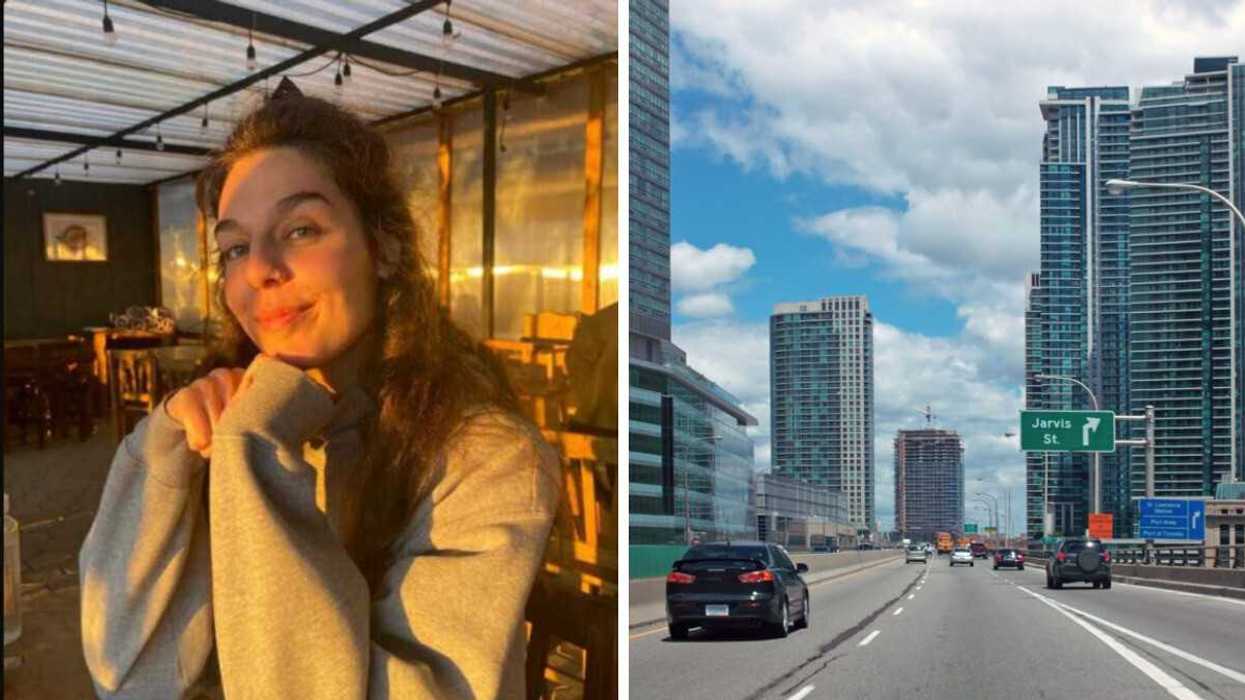A person at a restaurant. Right: A city highway.