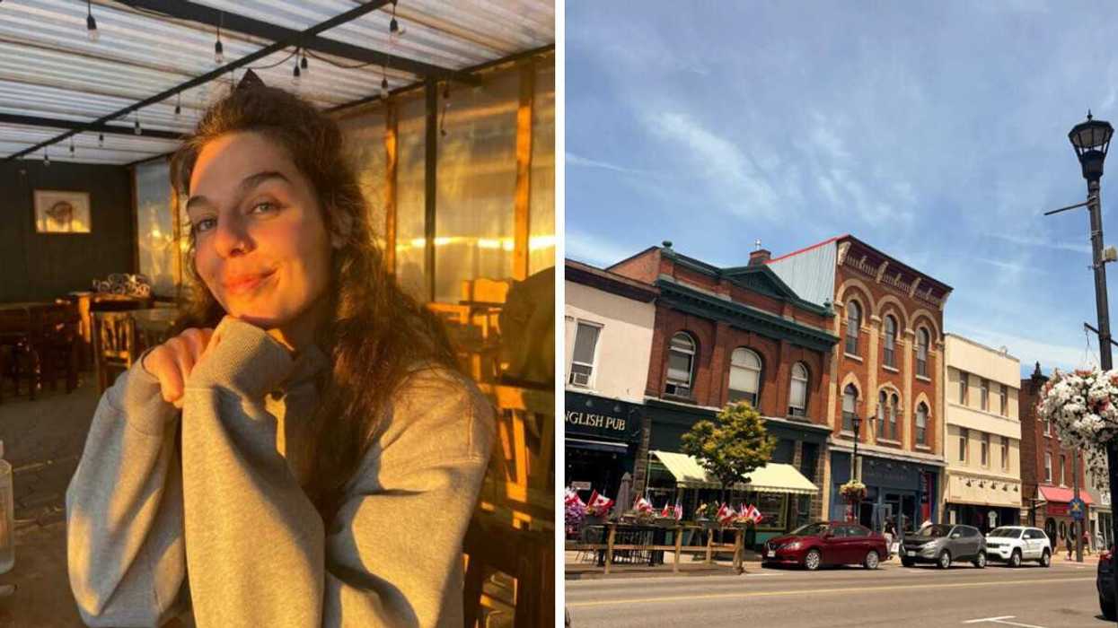 A person at a restaurant. Right: An Ontario small town.