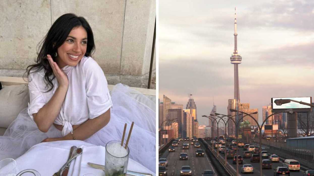A person at a table. Right: The city of Toronto.