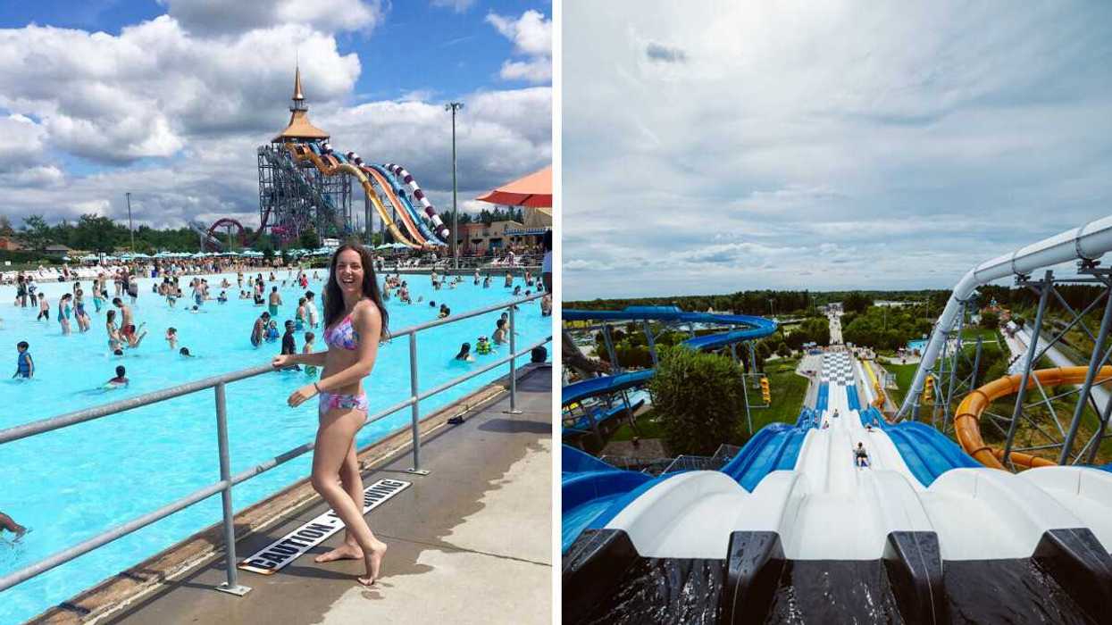 A person at a waterpark. Right: Slides at a waterpark.