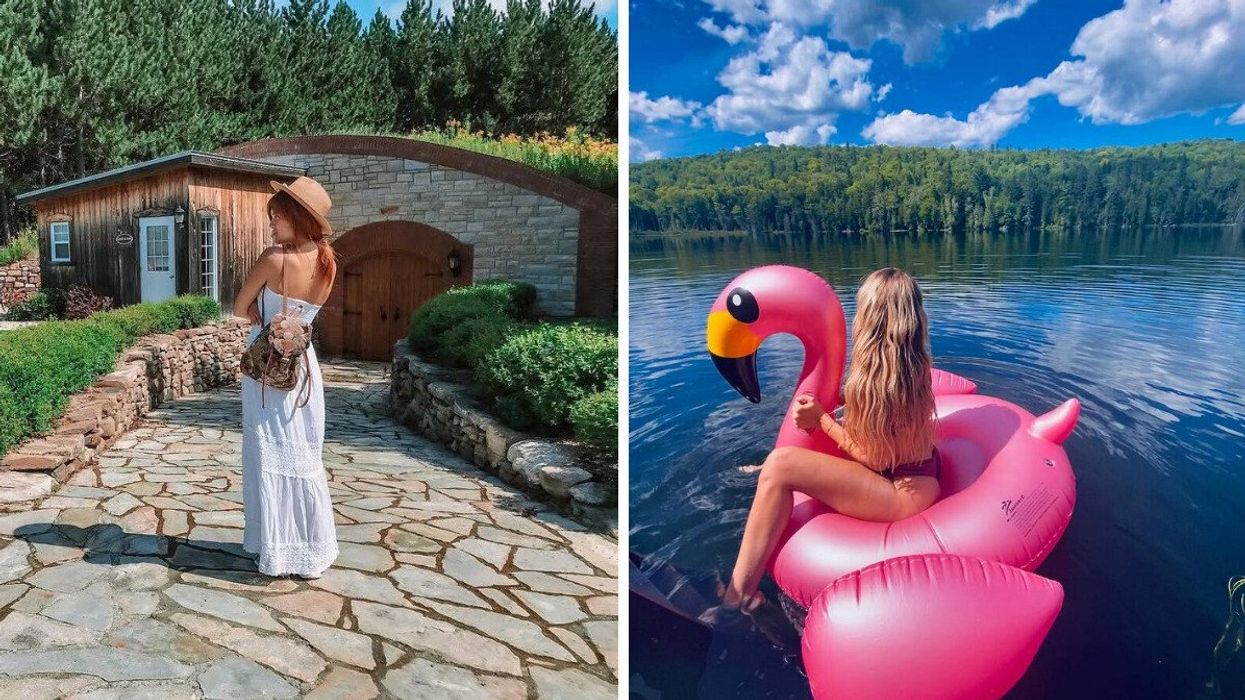 A person at a winery in Quebec. Right: A person sits on a floaty in a lake.