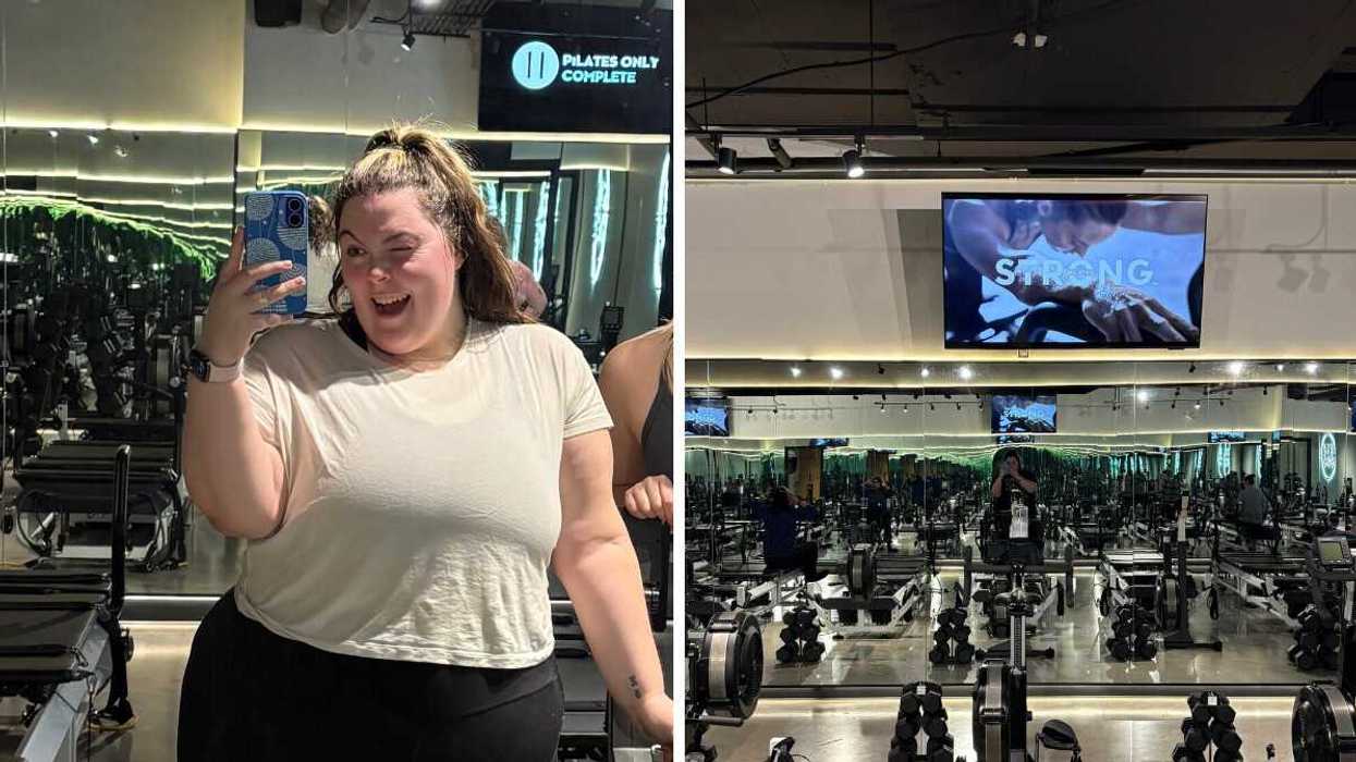 A person at a workout class in Toronto. Right: Mirrors in a Toronto gym.