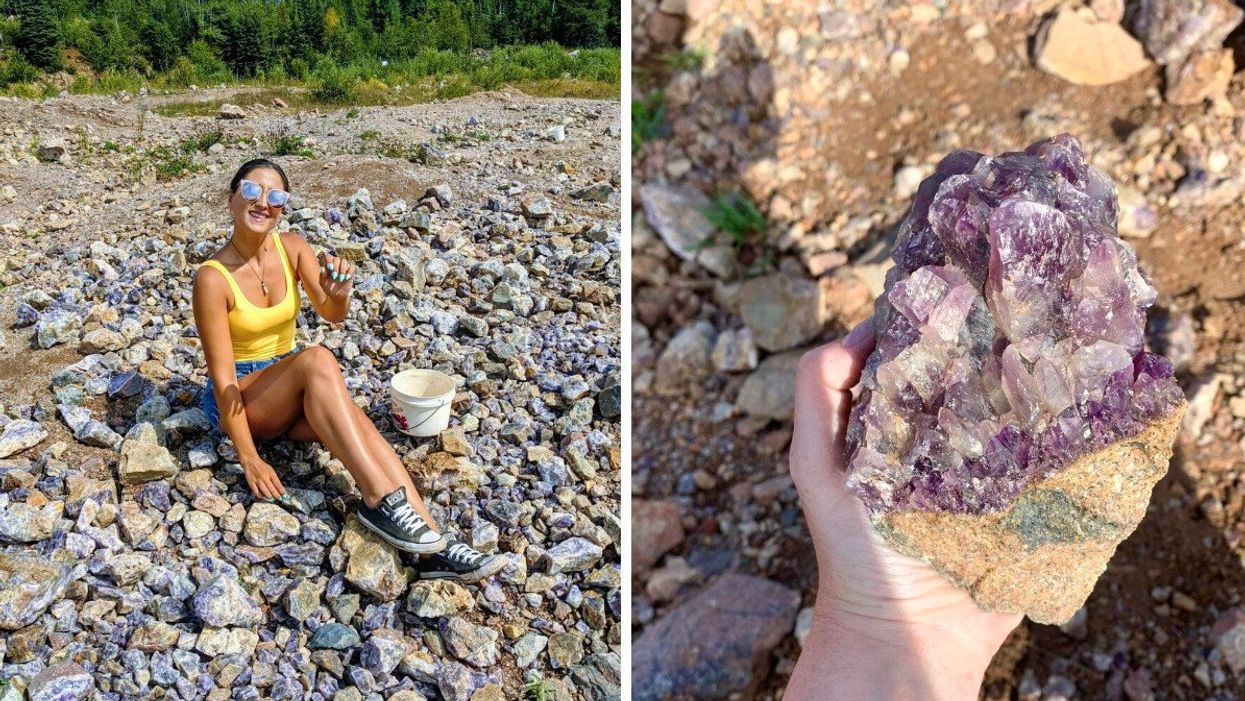 A person at an amethyst mine. Right: A hand holding an amethyst.