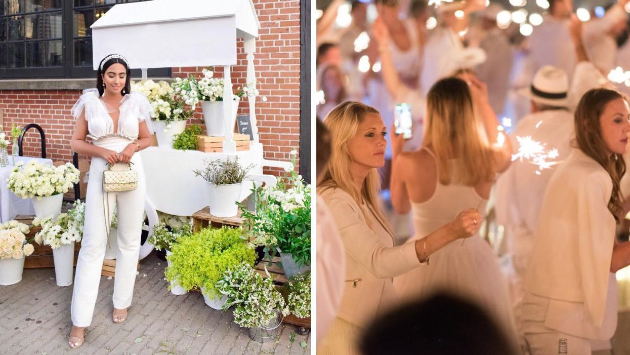 A person at Dîner en Blanc in Toronto. Right: People at Dîner en Blanc in Sydney, Australia.