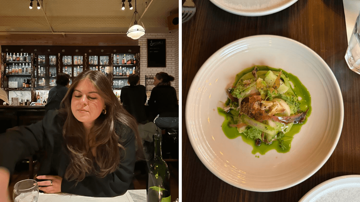 A person at dinner. Right: Plated vegetables