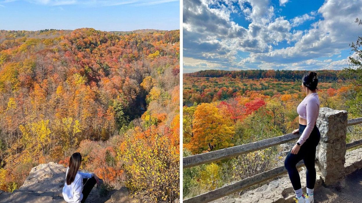 A person at Dundas Peak. Right: A person stands at Rattlesnake Point. 