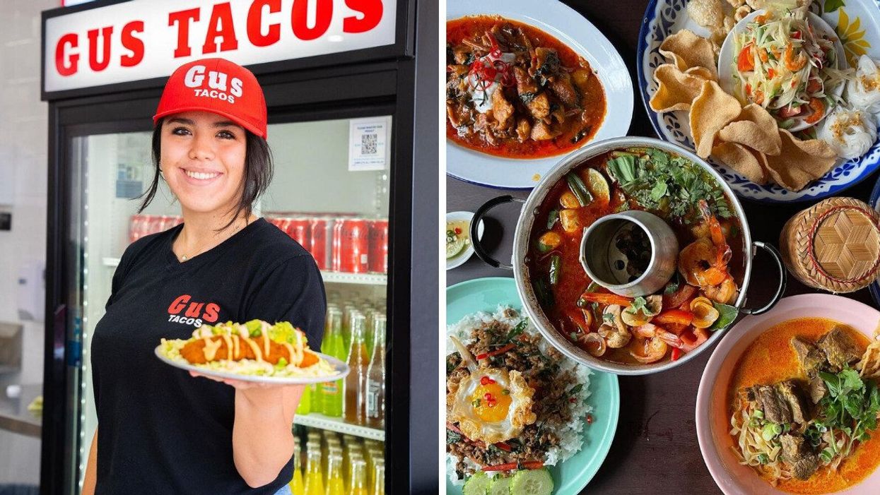 A person at Gus Tacos holding a taco. Right: Thai food from PAI.