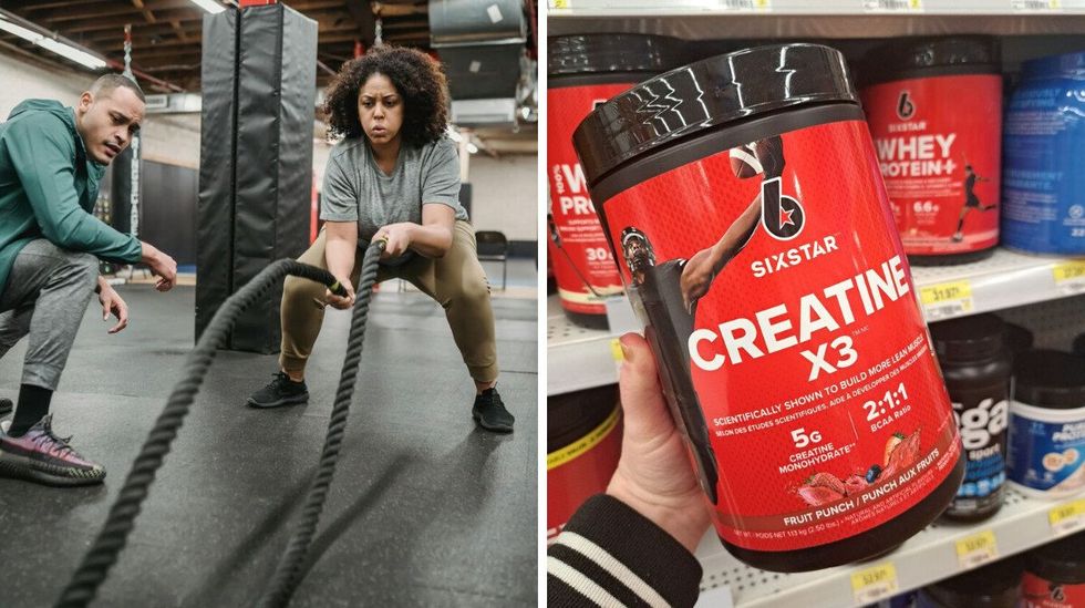 A person at the gym using battle ropes. Right: A tub of creatine available at Walmart.