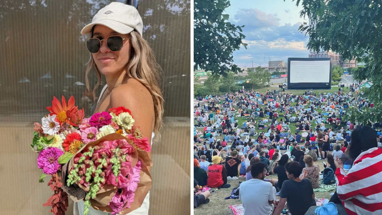 A person at the Toronto Flower Festival. Right: A group of people gathered to watch an outdoor movie.