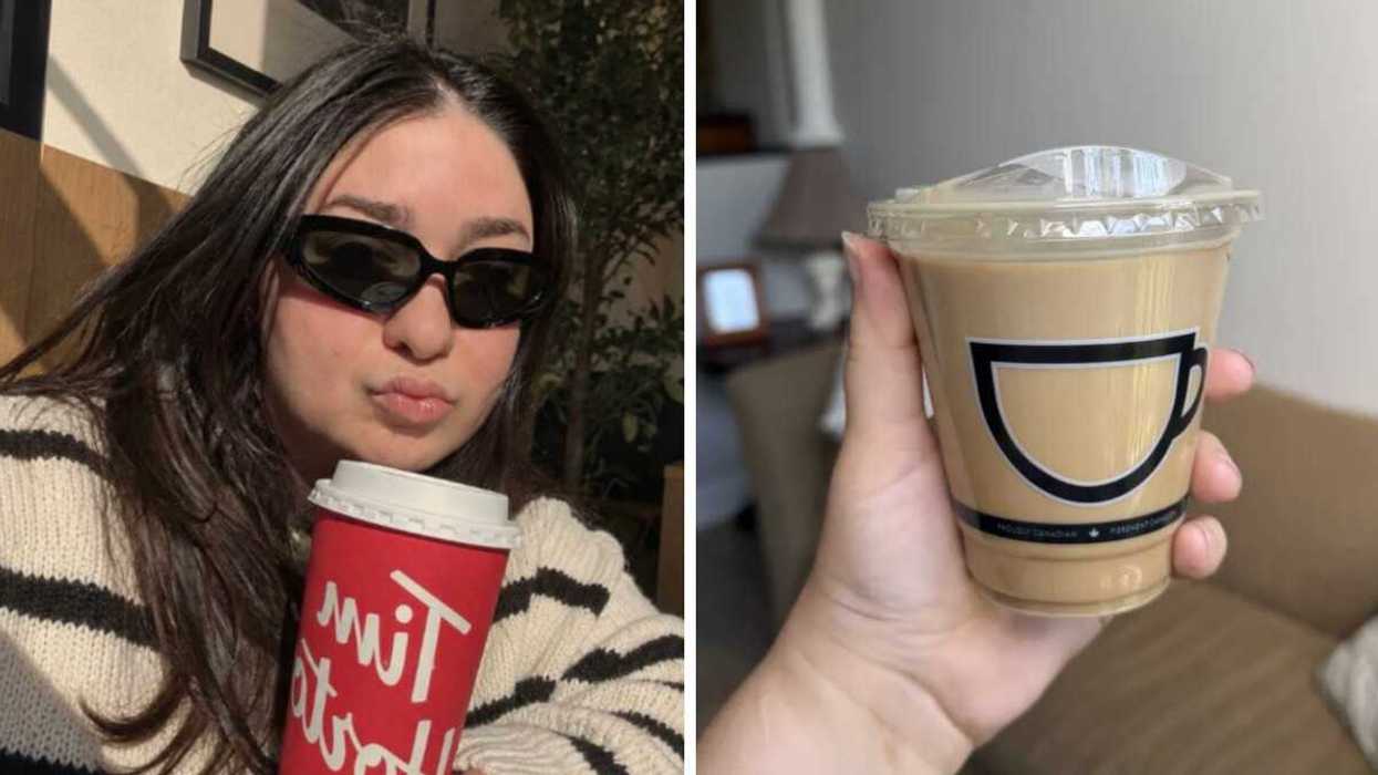 A person at Tim Hortons. Right: Second Cup coffee.