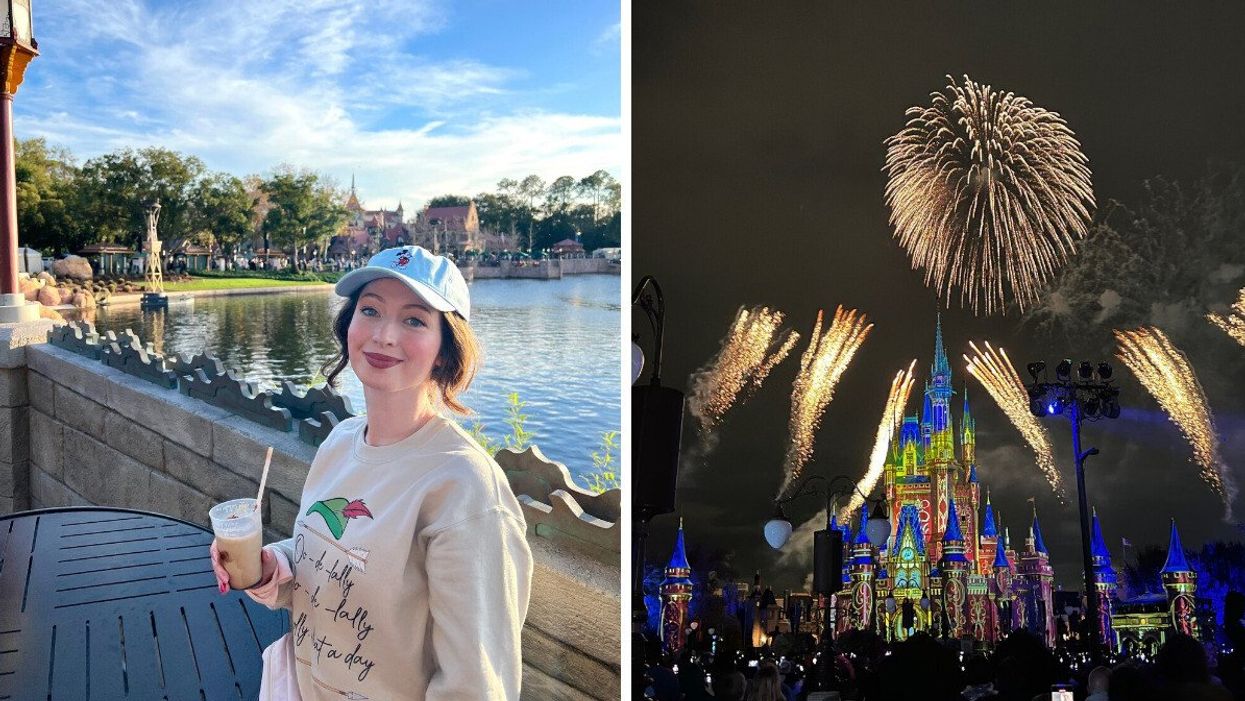 A person at Walt Disney World. Right: Fireworks at Disney World.