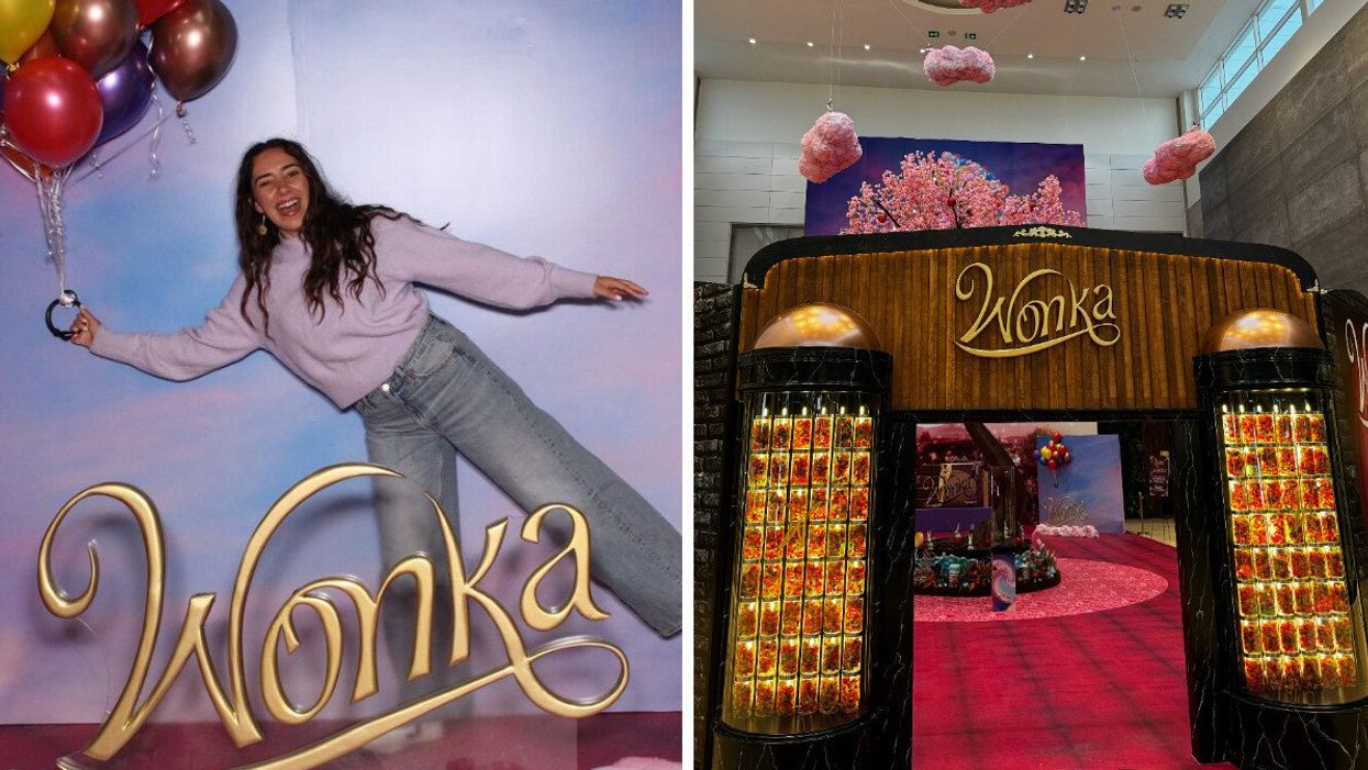 A person at Wonka's immersive experience in Yorkdale Mall holding balloons. Right: Wonka's Sweet Escape entrance at Yorkdale Mall.