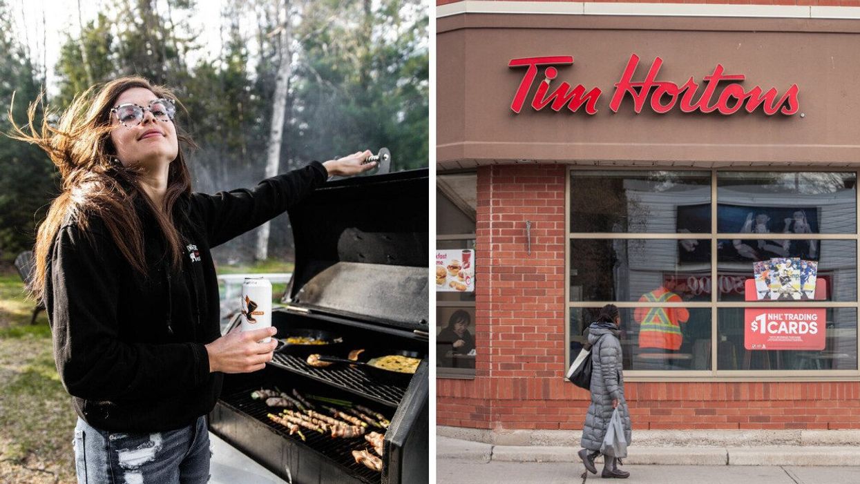 A person barbecuing. Right: A Tim Hortons in Ontario.