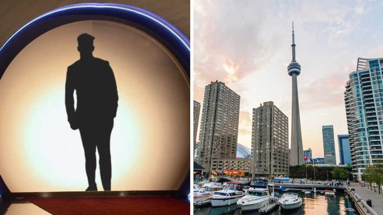 A person behind a wall. Right: The city of Toronto.