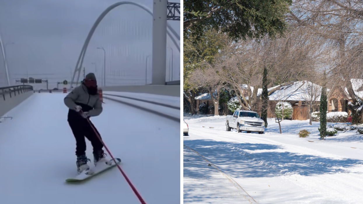 A person being pulled on a snowboard in Dallas, TX. Right A snowy street in Dallas, TX.
