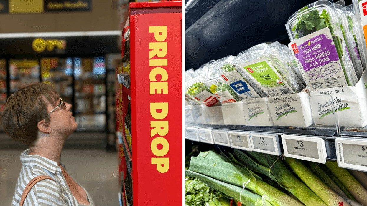 A person browsing a grocery store aisle with a large "price drop" sign in the foreground. Right: A close up photo of prepackaged herbs in a grocery store display.