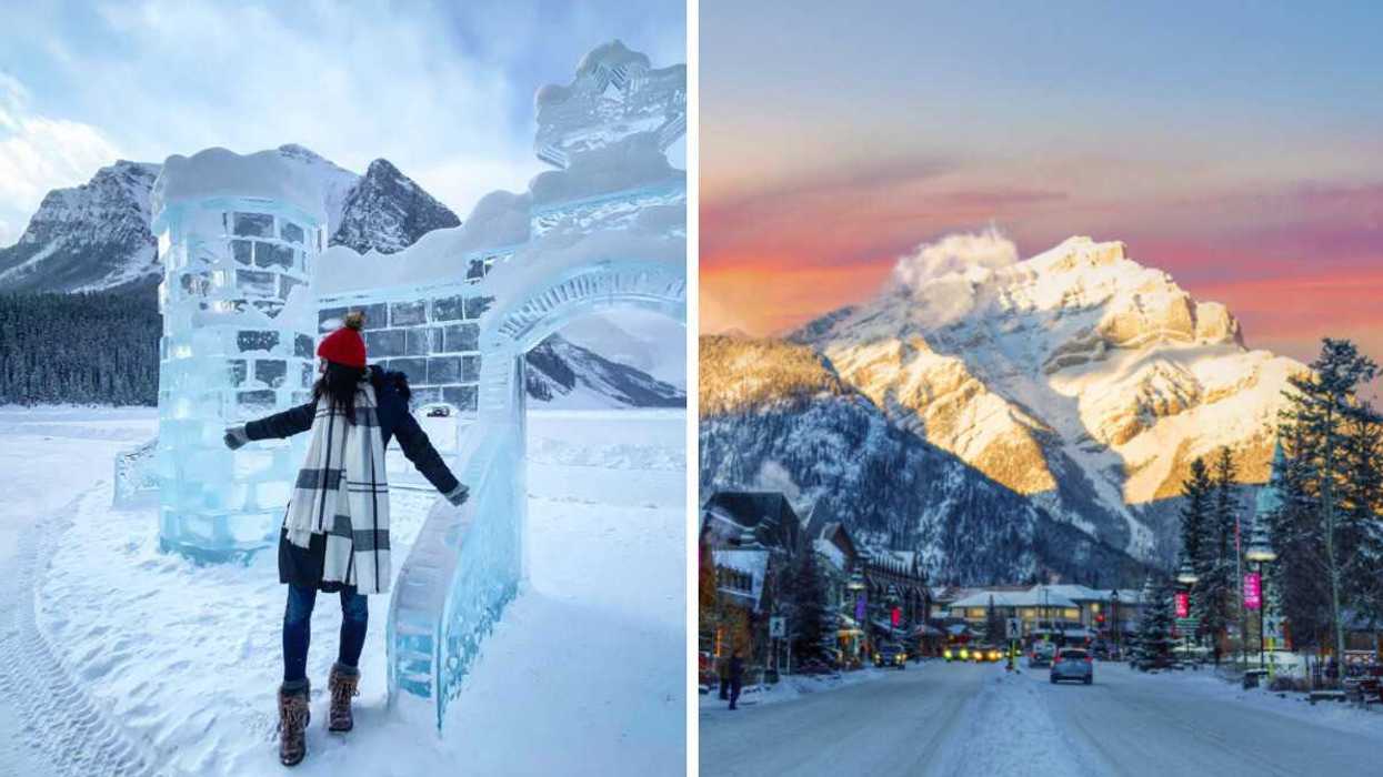 A person by an ice castle. Right: A town in winter.