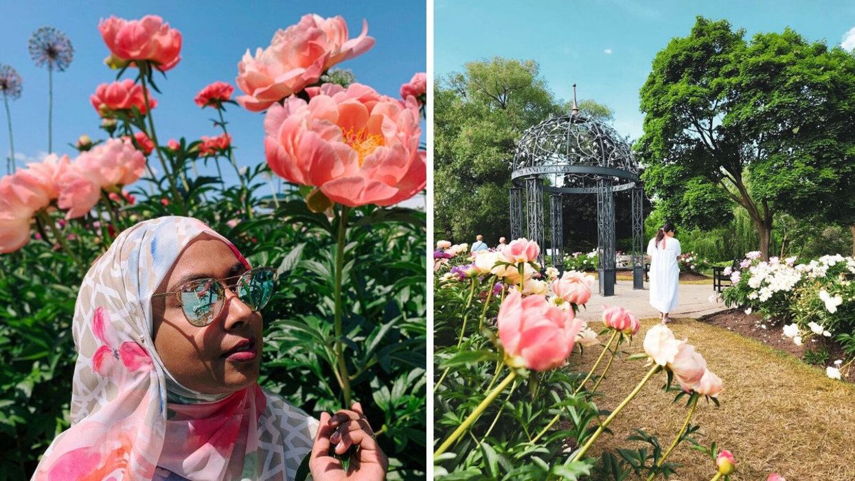 A person by pink flowers. Right: A person walking through a garden.