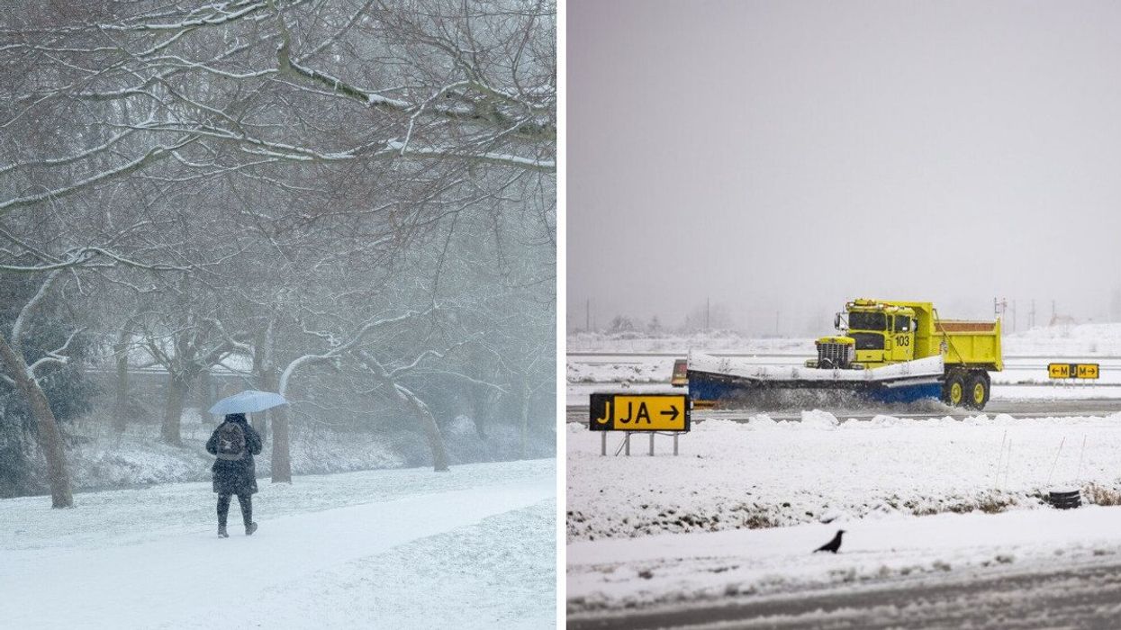 A person carries an umbrella outside while it's snowing. RIght: Two YVR snow plows clearing snow from the airfield