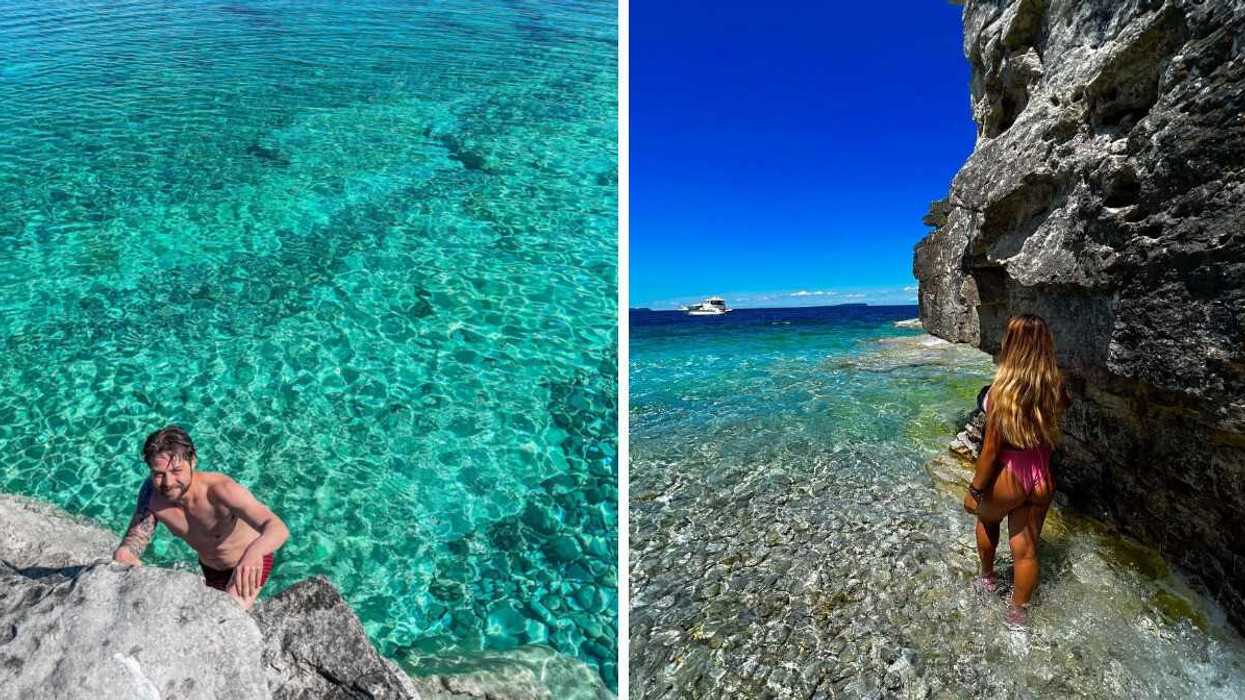 A person climbing a rocky shore. Right: A person standing in clear water.