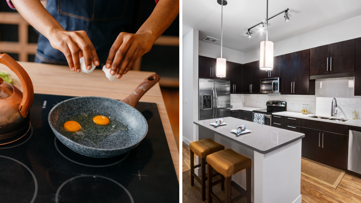 A person cooking on a stove. Right: An apartment kitchen.